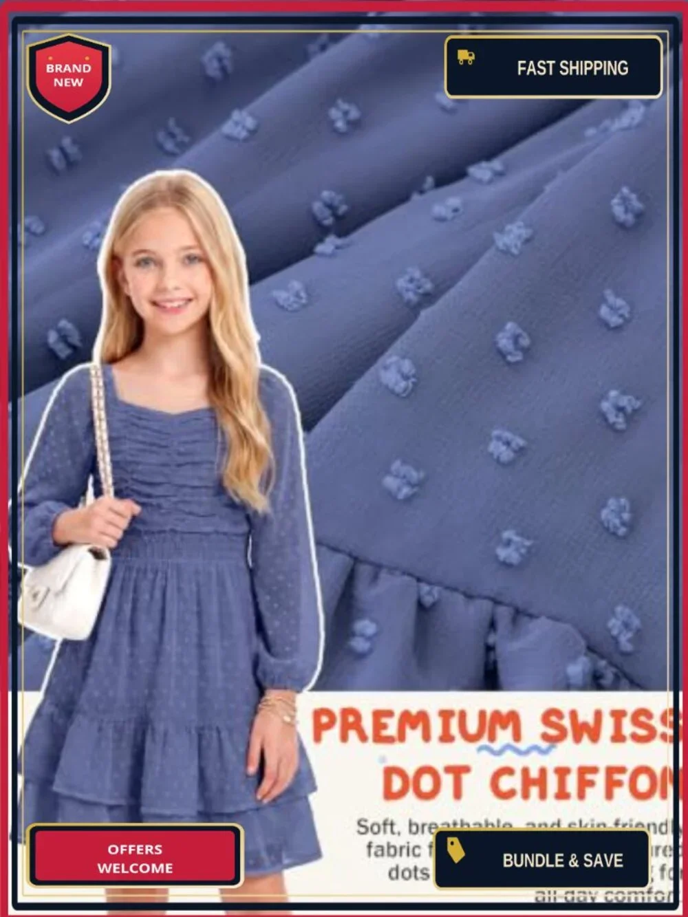 Girls Swiss Dot Chiffon Ruffle A-Line Dress Long Sleeve Party Birthday